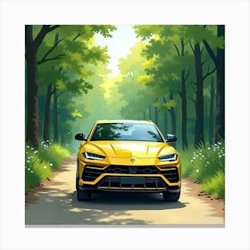 Lamborghini Urus In Watercolor Style Driving Through A Lush Green Forest 1 Canvas Print