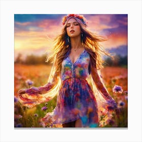 Beautiful Girl In A Flower Field 1 Canvas Print