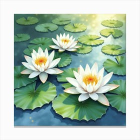 A Serene Watercolor Scene Of Lilies Floating On A Pond Canvas Print