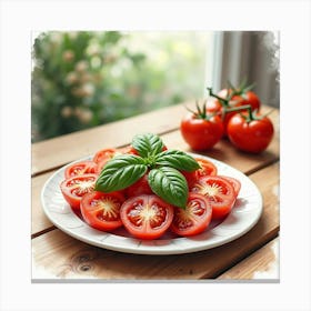 Watercolor Depiction Of A Fresh And Tangy Tomato And Basil Salad On A Cozy Dining Table Canvas Print