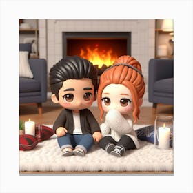 Cool Couple Sitting In Front Of Fireplace Canvas Print