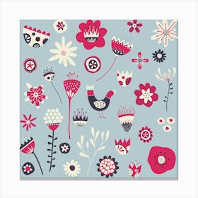 Scandinavian Folk Flowers And Birds Blue Canvas Print