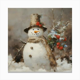 Snowman With Flowers Canvas Print