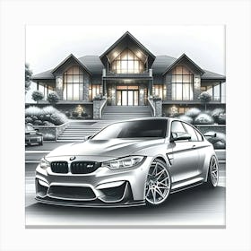 A Pencil Drawing Of A BMW M3 In Front Of A Beautiful Modern Mansion 3 Canvas Print