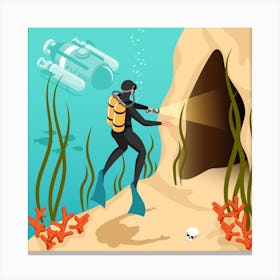 Scuba Diver In Cave Canvas Print