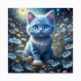 Blue Kitten In A Flower Field Canvas Print