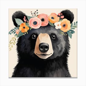 Floral Baby Black Bear Nursery Illustration (5) Canvas Print