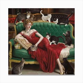 Decadent Young Woman After The Dance With Cats Green Sofa (3) Canvas Print