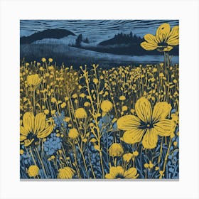 Linocut Flower Meadow Mustard Blue 1 Canvas Print