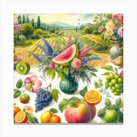 Fruit And Flowers In A Vase Canvas Print