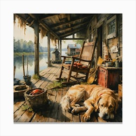 At Home With Friends, An Old Dog Rests On Fish Camp Porch As Sunset Approaches After Spending A Long Day On The Water With His Master Fishing and Crabbing Canvas Print