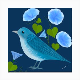 Folk Art Blue Bird With Flowers Square Canvas Print