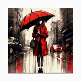 Rainy Day In A Busy City, Woman With Red Umbrella, Red, Charcoal Colors, Mixed Emotions Canvas Print