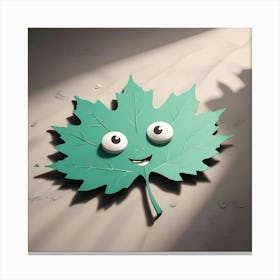 A 3d Rendering Of A Cartoonish Green Maple Leaf With Large, Googly Eyes And A Cheerful Smile, Lying On A White Surface With Light Rays Shining On It Canvas Print