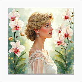 Graceful Watercolor Princess Diana In A Tranquil Garden Of Orchids 1 Canvas Print