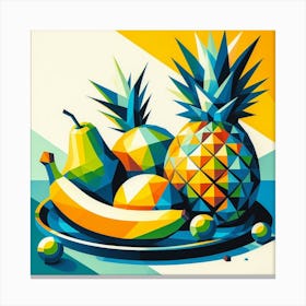 Fruits on the Edge: An Abstract Painting of a Blue Plate with Fruits Hanging Over the Edge Canvas Print
