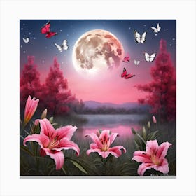 Pink Lilies And Butterflies Canvas Print