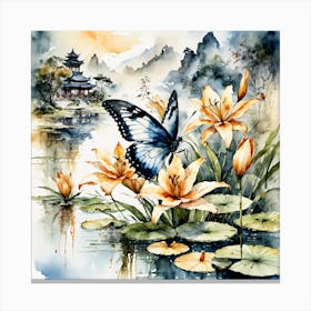 Watercolour Butterflies over Lilly Pond V Canvas Print