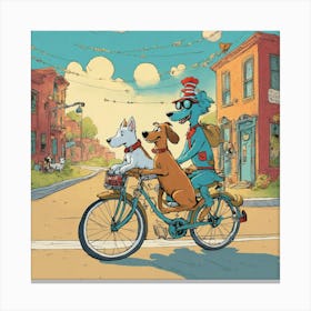 A Dog Riding A Bike And Another Dog Is On The Back (3) Canvas Print