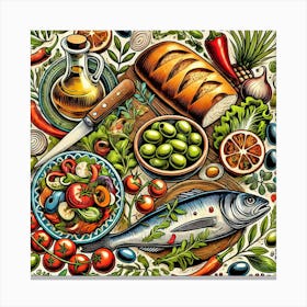 Mediterranean Cuisine Printed Art A Vibrant Illustration Celebrating The Rich Flavors Of Mediterranean Dishes, Perfect For Bringing Warmth And Authenticity To Any Restaurant Space Printed Art Canvas Print