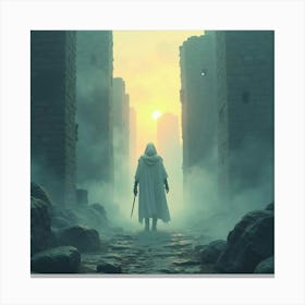 Ghostly Warrior Emerging From Misty Ruins At Dawn, Watercolor Effect 1 1 Canvas Print