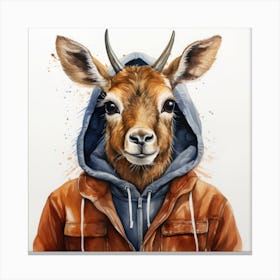 Watercolour Cartoon Waterbuck In A Hoodie Canvas Print