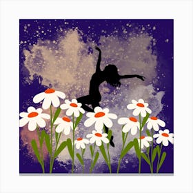Silhouette Of A Girl With Daisies, Vector illustration of a happy dancing girl Canvas Print