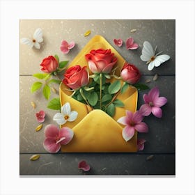 An open red and yellow letter envelope with flowers inside and little hearts outside 14 Canvas Print