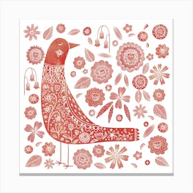 Scandinavian Bird And Flowers Red and White Canvas Print