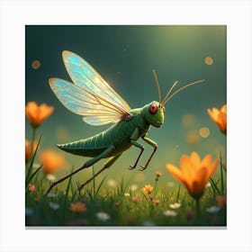 A Whimsical Grasshopper With Iridescent Wings Hopping Through A Meadow Of Glowing Flowers Canvas Print