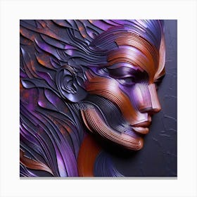 Portrait Of An Abstract Woman's Face - An artwork in embossed 3d style, with purple and orange colors. The abstract lines and texture are applied in an artistic style on a dark background. Canvas Print
