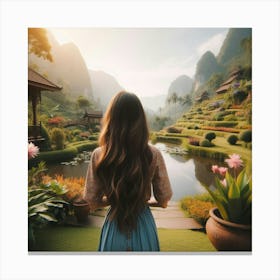 Asian Girl in Beautiful Garden Landscape Canvas Print