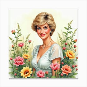 Graceful Watercolor Depiction Of Princess Diana In A Flower Garden 1 Canvas Print