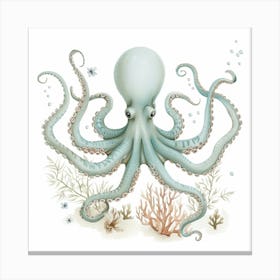 Storybook Style Octopus With Fish & Aqua Marine Plants 1 Canvas Print