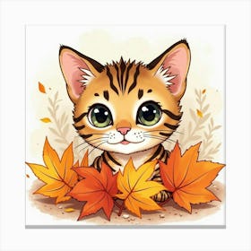 A Bengal Cat Peeking Out From Behind A Pile Of Autumn Leaves, Watercolor Canvas Print