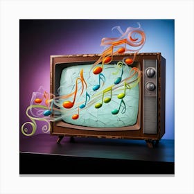 A Vibrant, Surrealistic Portrait Photograph Depicting A Vintage, Wooden Cased Television Set With A Distressed, Retro Aesthetic, Placed Against A Dark, Gradient Blue Background That Fades To Purple Hues, As If The Tv Is Radiating Beautiful Notes 3 Canvas Print