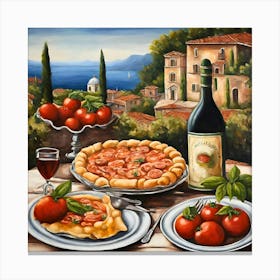 Tuscany- A Mediterranean feast is laid out with a pizza, glass of red wine, a bottle, and fresh tomatoes Canvas Print