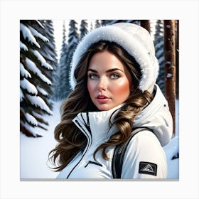 Beautiful woman in white ski suit, hiking in the snowy woods Canvas Print