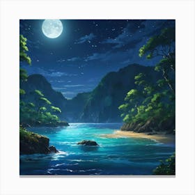 Moonlit Tropical Cove With Lush Greenery and Serene Sea at Night Canvas Print
