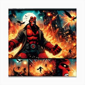 A Page For A Fantasy Comic Book Starring Hellboy Fighting An Epic Battle In A Fiery Apocalyptic Cityscape, Highlighting Explosions And Supernatural Elements Using Vivid Comic Styles And Visual Effects 1 Canvas Print