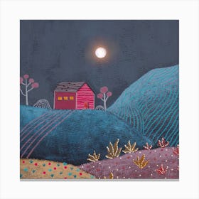 Midnight Landscape And Red House Square Canvas Print