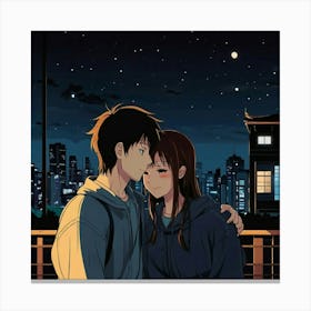 an anime young loving couple, lonely feeling, hope, vector, cartoon style, night 2 Canvas Print