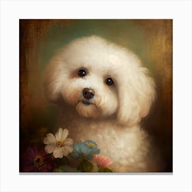 White Poodle With Flowers Canvas Print