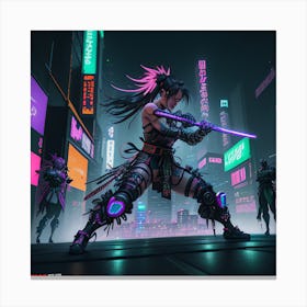 Cyberpunk Samurai In A Neon Lit Megacity in A Futuristic World Of Dazzling Neon Lights And Towering Canvas Print