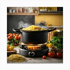 A Pot Of Boiling Pasta On A Stove In The Middle Of (2) Canvas Print