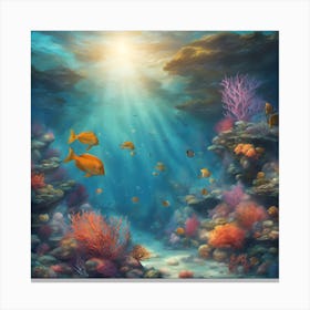 "Underwater Serenity" - tranquil underwater scene with colorful coral reefs, fish, and rays of sunlight. Canvas Print