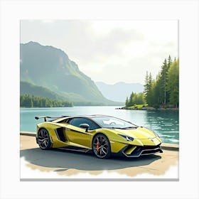 Lamborghini Centenario In A Watercolor Tranquil Lakeside View 1 Canvas Print