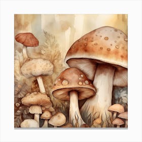 Watercolor Mushrooms In The Forest Canvas Print