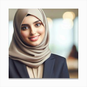 A young, beautiful, and confident woman wearing a hijab smiles at the camera. She is wearing a suit and has her hair covered. The background is blurred, and the woman is in focus. The photo is taken at a close-up angle, and the woman's expression is one of happiness and contentment. Canvas Print