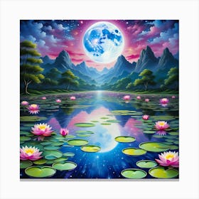 Lily Pond With Moon Canvas Print